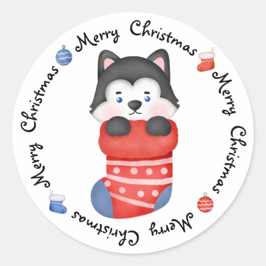 Sticker Rond Husky Puppy Chien mignon Festif Joyeux Noël (Devant)