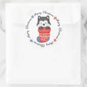 Sticker Rond Husky Puppy Chien mignon Festif Joyeux Noël (Sac)
