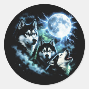 Sticker Rond Husky sibérien hurlant à la Lune – Ciel nocturne d