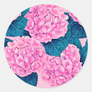 Sticker Rond Hydrangea aquarelle motif, rose et bleu