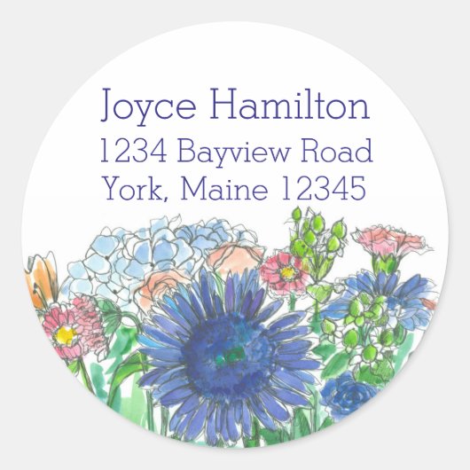Sticker Rond Hydrangea Daisy Rose Watercolor Flowers Adresse (Devant)