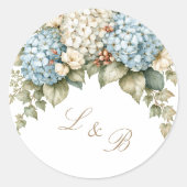 Sticker Rond Hydrangeas Bleus et Blancs Monogramme (Devant)