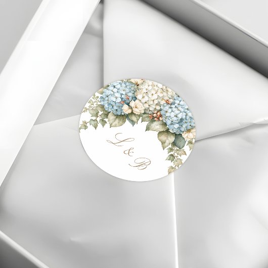 Sticker Rond Hydrangeas Bleus et Blancs Monogramme