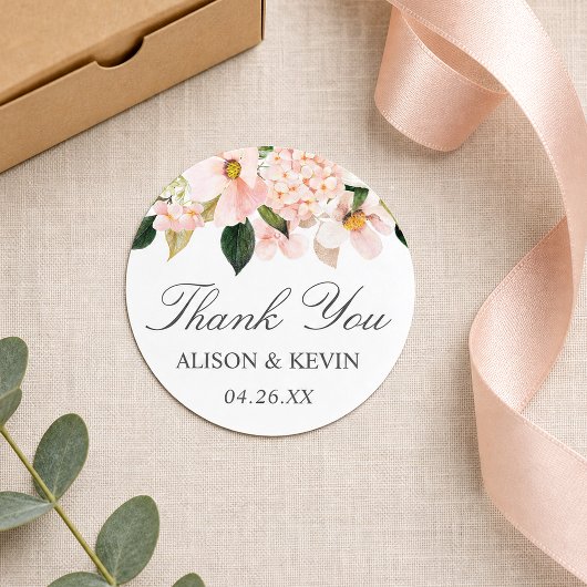 Sticker Rond Hydrangée Aquarelle Rose Merci Floral