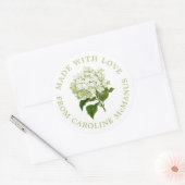 Sticker Rond Hydrangée blanche et verte Fabriquée avec amour (Enveloppe)