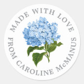Sticker Rond Hydrangée bleue et blanche Fabriquée avec amour (Devant)