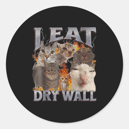 Sticker Rond I Eat Drywall Funny Cat Meme Bootleg Graphic  (Devant)