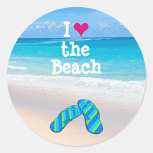 Sticker Rond I Heart (Love) the Beach Flip Flops in the Sand