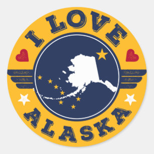 Sticker Rond I Love Alaska State Map and Flag