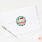 Sticker Rond I Love Bunco en rouge avec des dés rouges (Enveloppe)