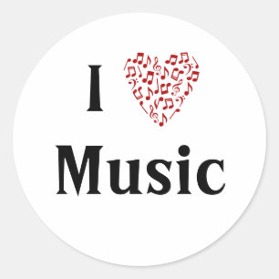Sticker Rond I Love Music Red Heart of Music Notes