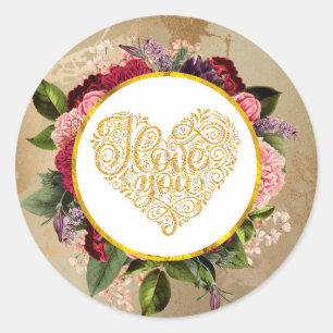 Sticker Rond I Love You Fancy Golden Heart with Floral Frame