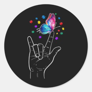Sticker Rond I Love You Main Sign Language Butterfly Autism Awa