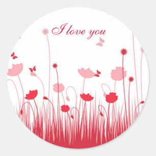 Sticker Rond I Love You Minimalist Poppies Rouge et Blanc Flora