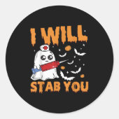 Sticker Rond I Will Stab You Ghost Nurse Retro Funny Halloween (Devant)