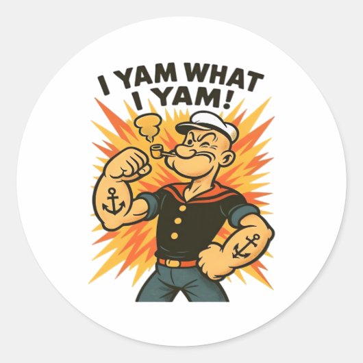 Sticker Rond I Yam What I Yam Popeye Citation de dessin classiq (Devant)
