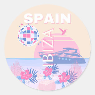 Sticker Rond Ibiza, Espagne, Art Voyage, Art Preppy, Rose, Past