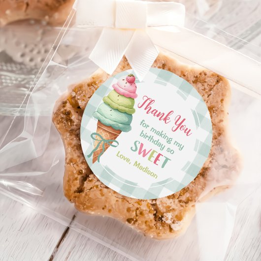 Sticker Rond Ice Cream Blue Bow Gingham Birthday Party