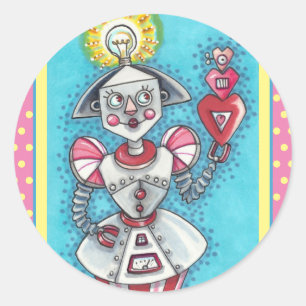 STICKER ROND IDÉE CLAIRE ROBOT DE FILLE, COEURS MÉCANIQUES COLO
