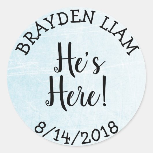 Sticker Rond Il est là, nouveau Faire-part bébé garçon (Devant)