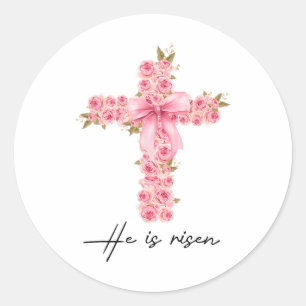 Sticker Rond Il Est Ressuscité Coquette Bow Floral Cross Faith