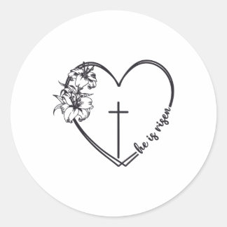 Sticker Rond Il Est Ressuscité Fleur De Coeur Croix Bible Chrét