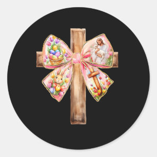Sticker Rond Il Est Ressuscité Jésus Coquette Bow Croix de Pâqu