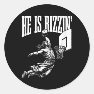 Sticker Rond Il Est Rizzin Fun Jesus Débardeur de mème de baske