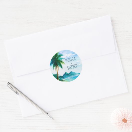 Sticker Rond Île Palm Tree Peinture Plage tropicale Mariage (Enveloppe)
