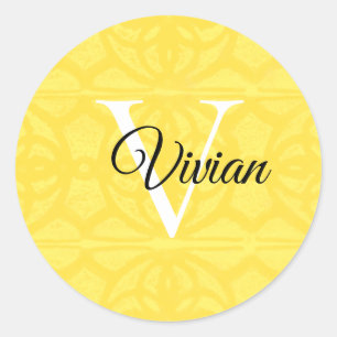 Sticker Rond Illuminer Jaune Avec Nom De Monogramme Blanc