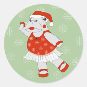 Sticker Rond illusima Ballerine Hippopotame Noël Flocons de nei