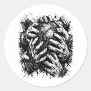 Sticker Rond Illustration à l'encre d'art sombre de mains saisi