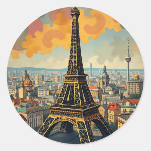 Sticker Rond Illustration Art déco colorée de la tour Eiffel