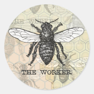 Sticker Rond Illustration d'abeille ouvrière vintage