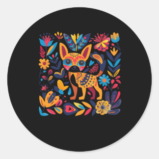 Sticker Rond Illustration D'Art Folk Coloré D'Un Chat Entouré