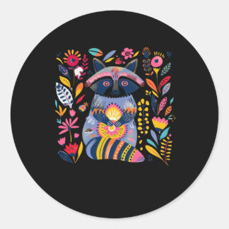 Sticker Rond Illustration D'Art Folk Vibrant D'Un Raccoon Entou