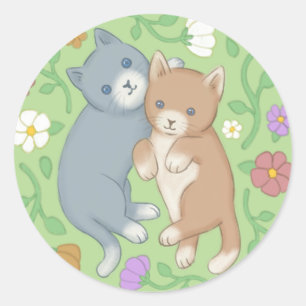 Sticker Rond Illustration de chats mignons et de fleurs