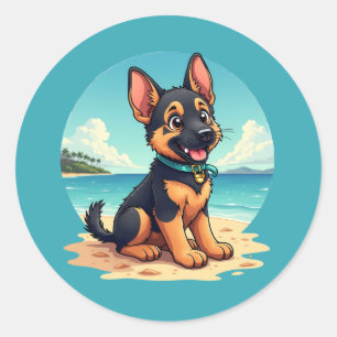 Sticker Rond Illustration de chiot berger allemand mignon sur l