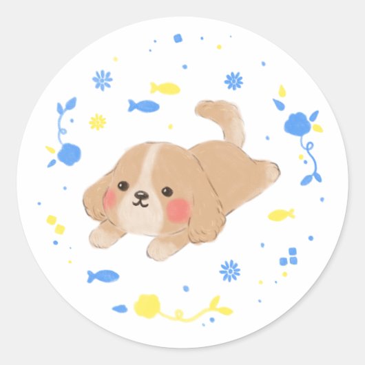 Sticker Rond Illustration de chiot joyeux (Devant)