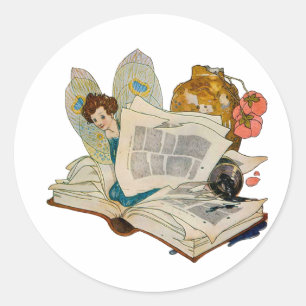 Sticker Rond Illustration de fée bibliophile vintage