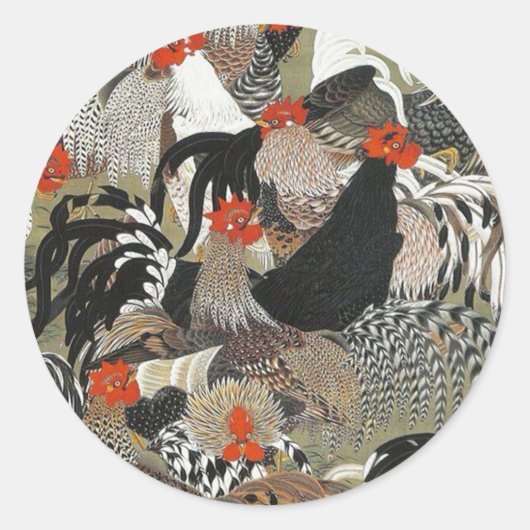 Sticker Rond Illustration de Hen Roosters par Ito Jakuchu (Devant)