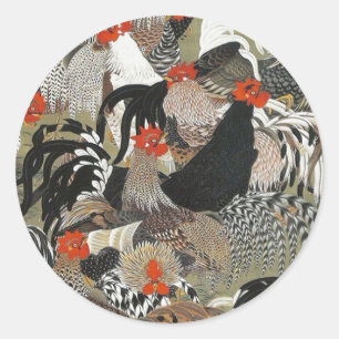 Sticker Rond Illustration de Hen Roosters par Ito Jakuchu