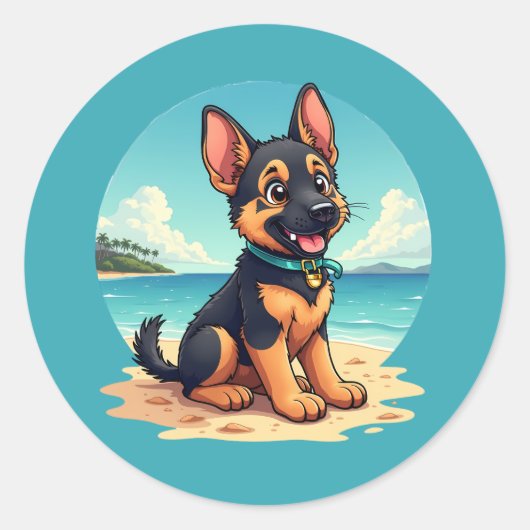 Sticker Rond Illustration de la plage du Chiot-Puppy en berger  (Devant)