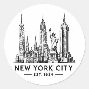 Sticker Rond Illustration de la skyline de NYC avec la Statue d