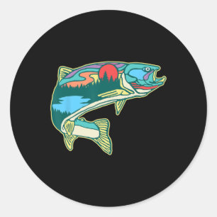 Sticker Rond Illustration de la truite de la nature Retr de pêc