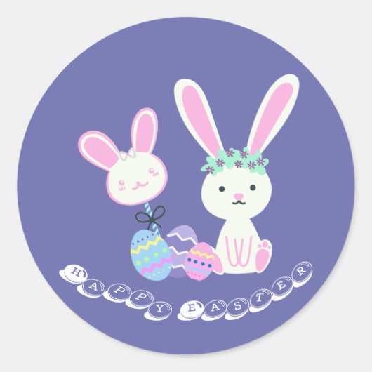 Sticker Rond Illustration de lapins et oeufs de Pâques mignons (Devant)