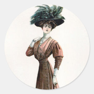 Sticker Rond Illustration de mode vintage Lady Feather Casquett