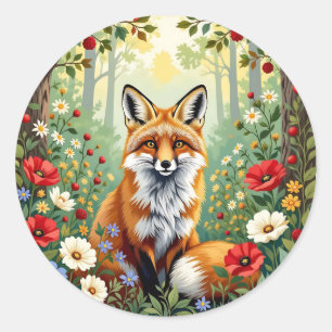 Sticker Rond Illustration de renard dans une forêt de fleurs sa