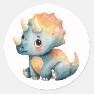 Sticker Rond Illustration Dino de Tricératops à Aquarelle Cute