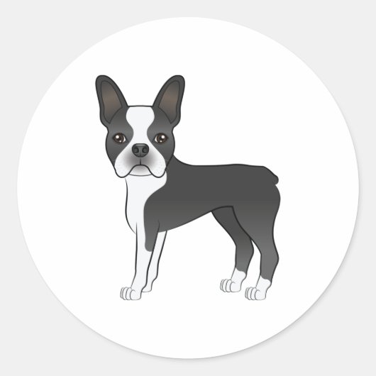 Sticker Rond Illustration du chien Terrier de Boston noir et bl (Devant)